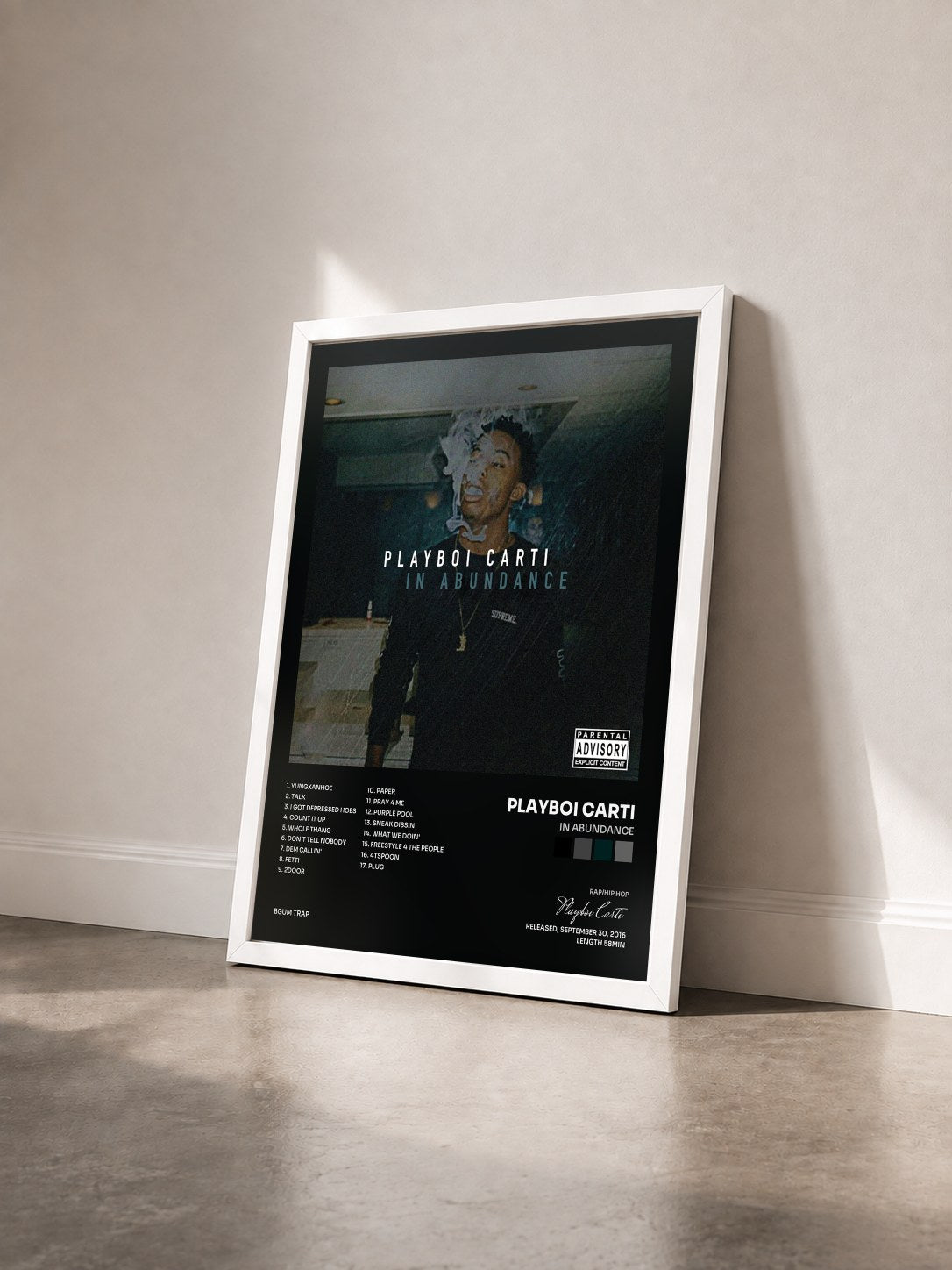 #blanc In Abundance by Playboi Carti as a framed art print seen at an angle, white frame