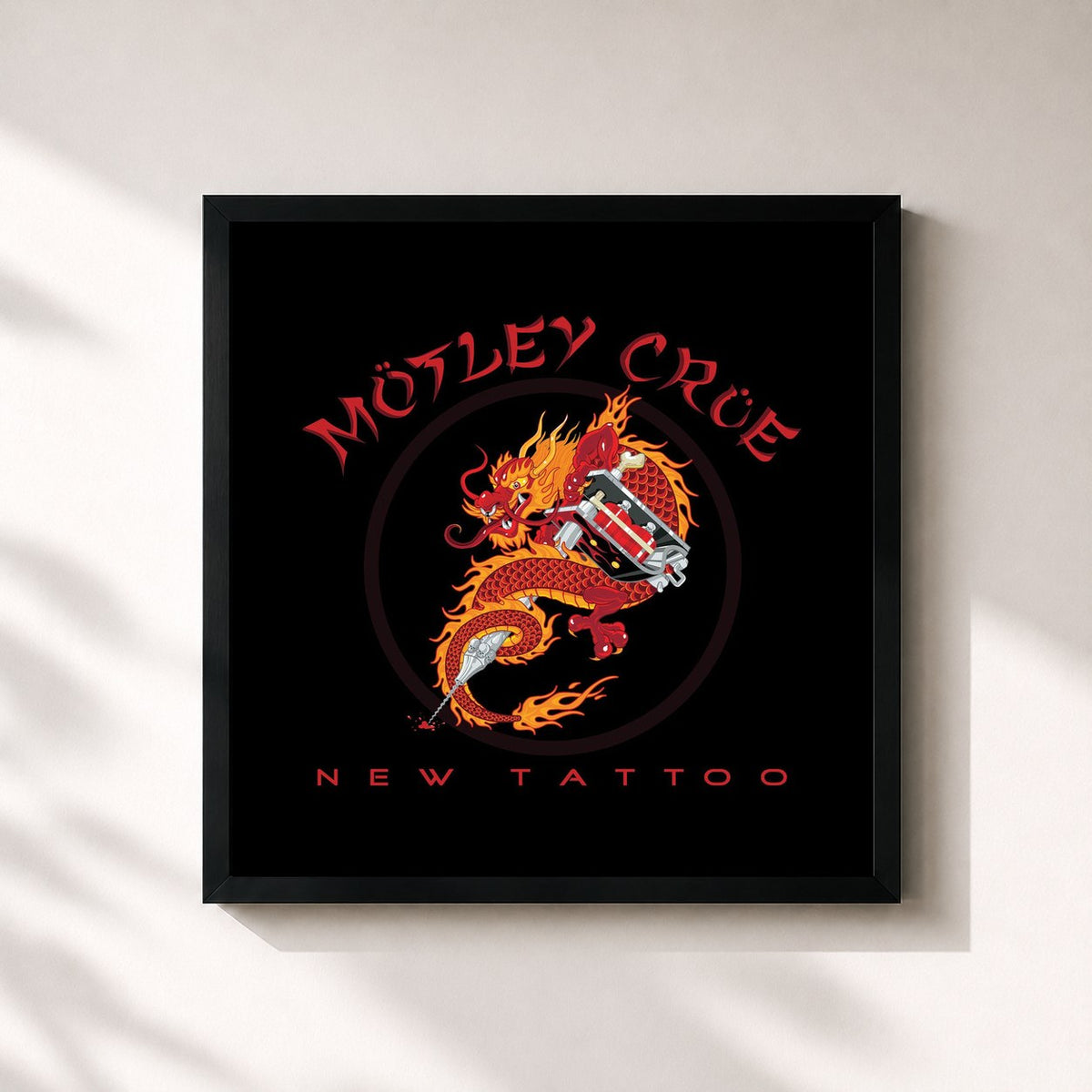 #noir Tableau carré de l'album New Tattoo de Mötley Crüe, cadre noir 32x32 cm
