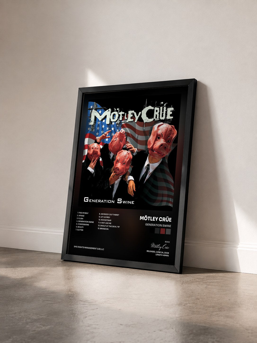 #noir Tableau de l'album Generation Swine de Mötley Crüe vu de trois quarts, cadre noir