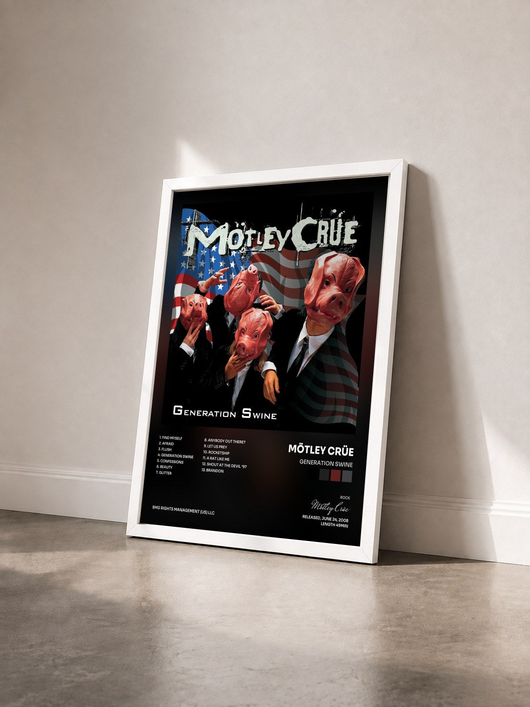 #blanc Tableau de l'album Generation Swine de Mötley Crüe vu de trois quarts, cadre blanc