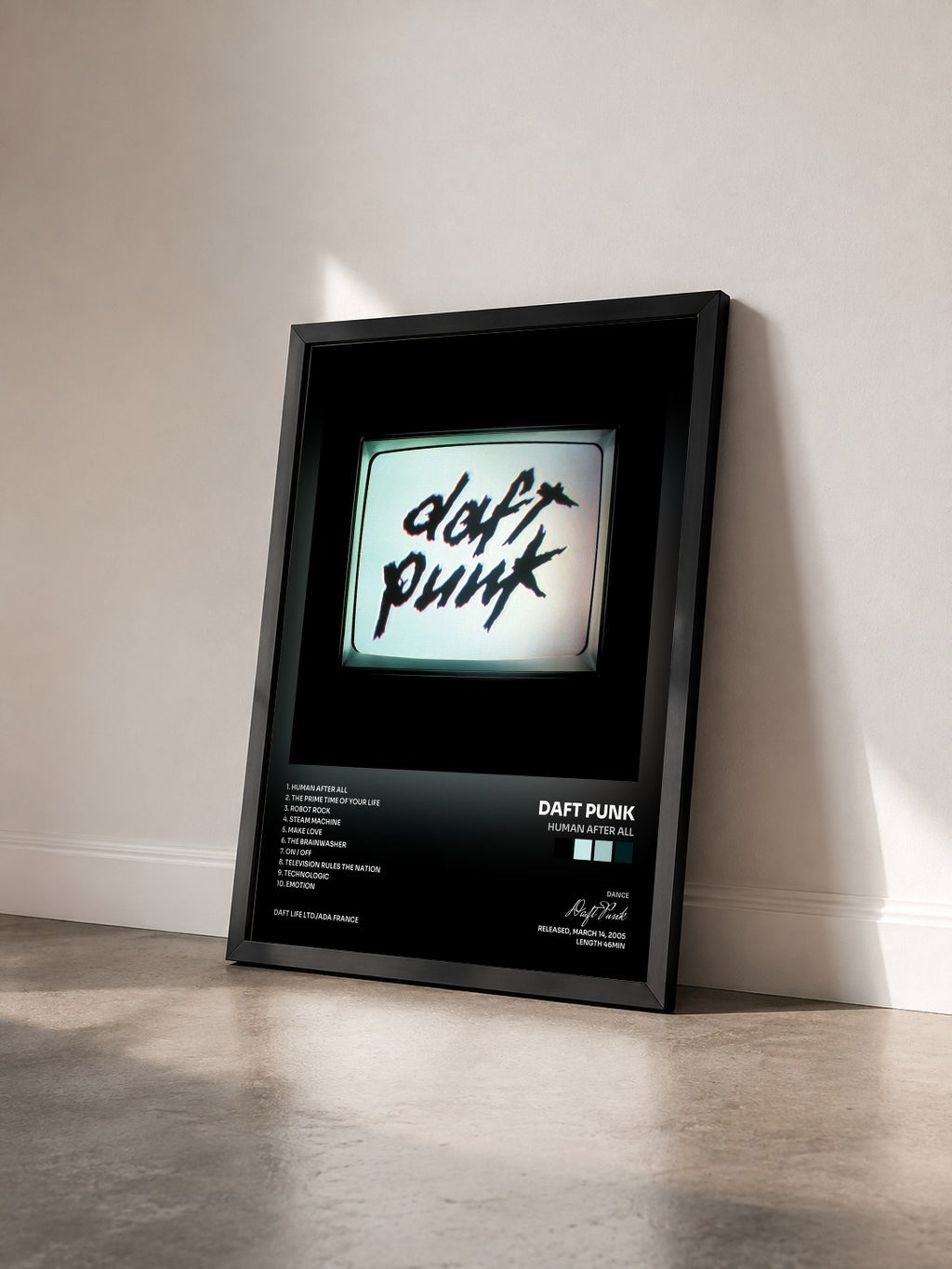 #noir Tableau de l'album Human After All de Daft Punk vu de trois quarts, cadre noir