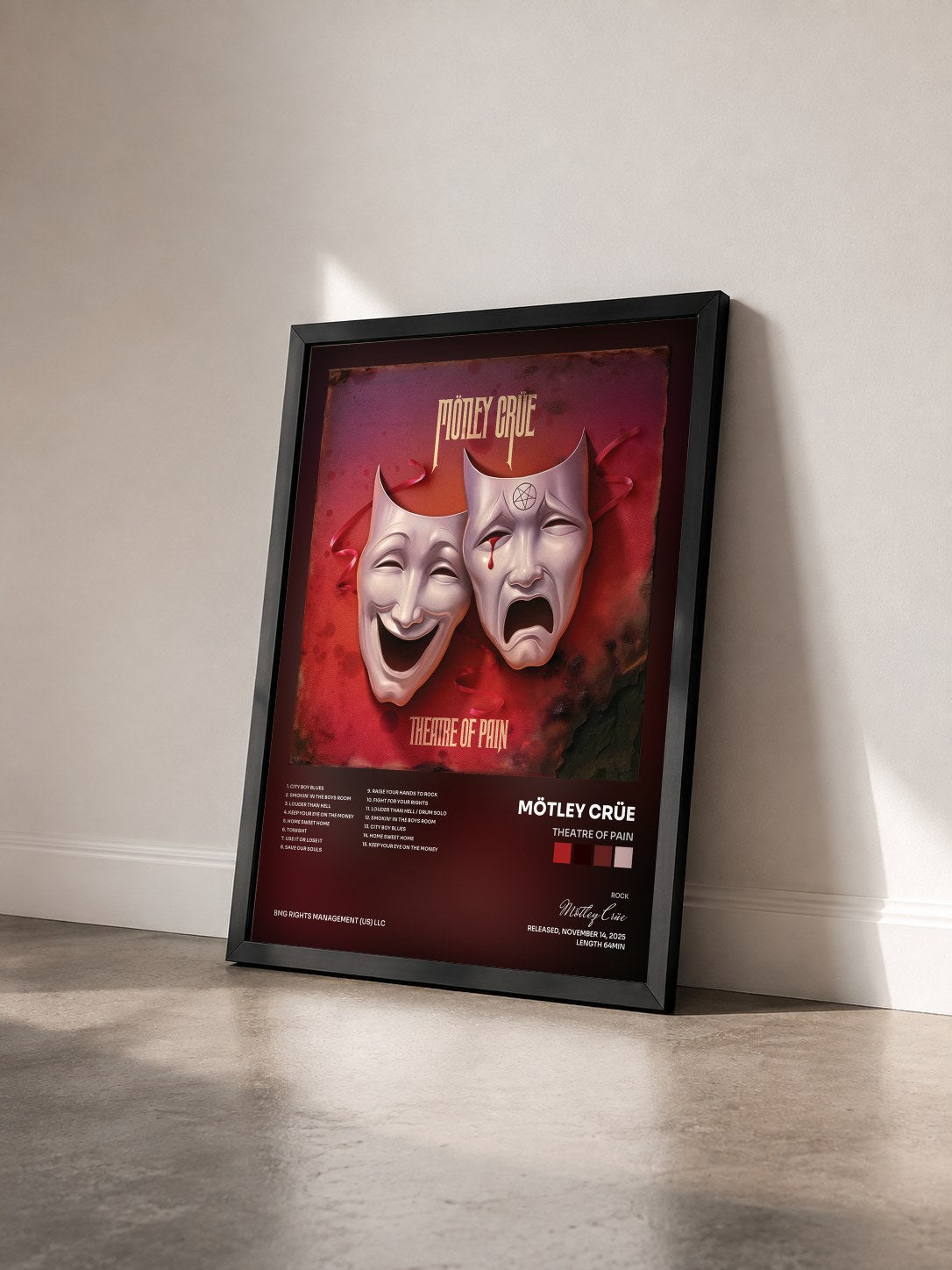 #noir Tableau de l'album Theatre of Pain de Mötley Crüe vu de trois quarts, cadre noir