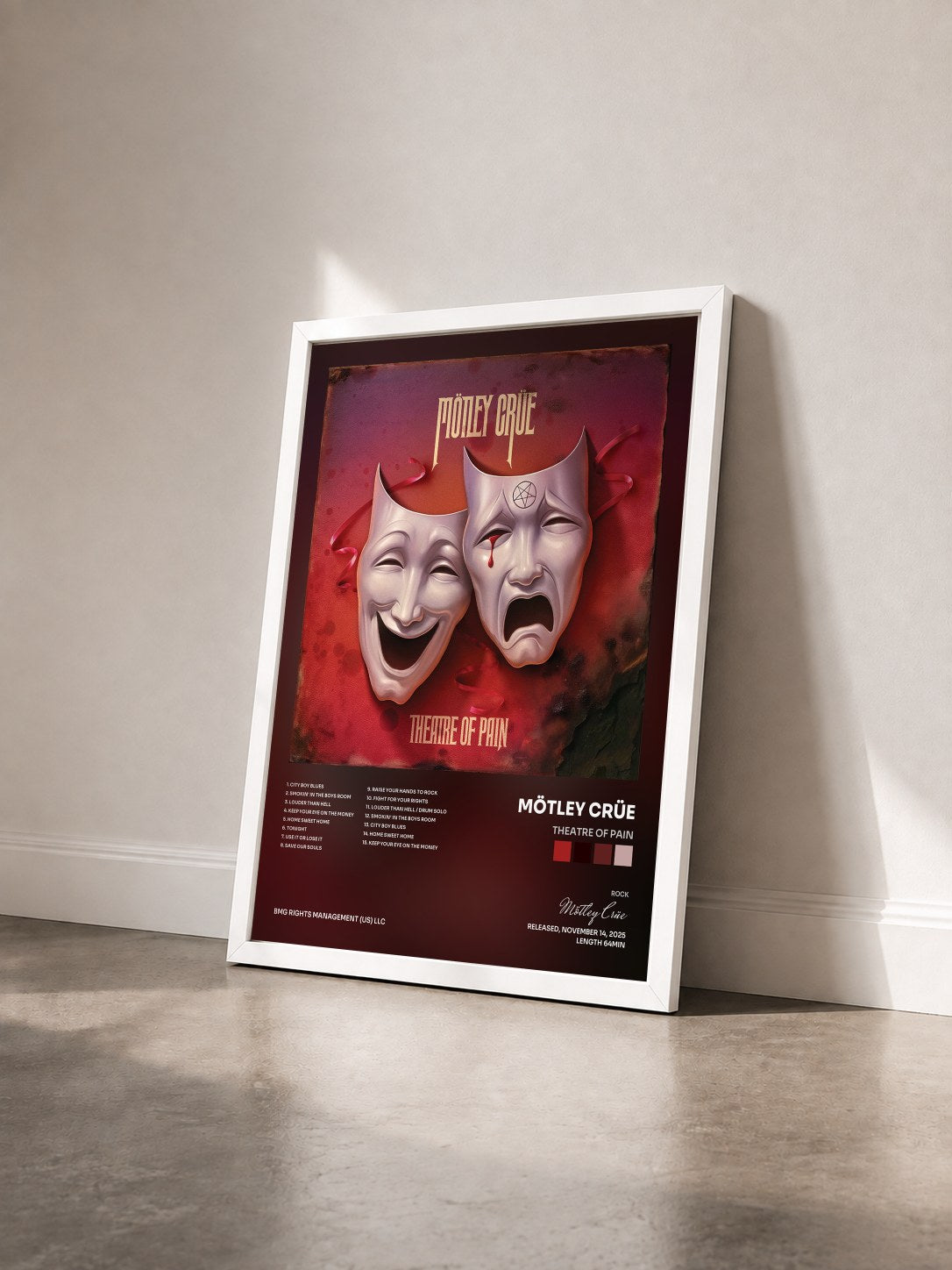 #blanc Tableau de l'album Theatre of Pain de Mötley Crüe vu de trois quarts, cadre blanc