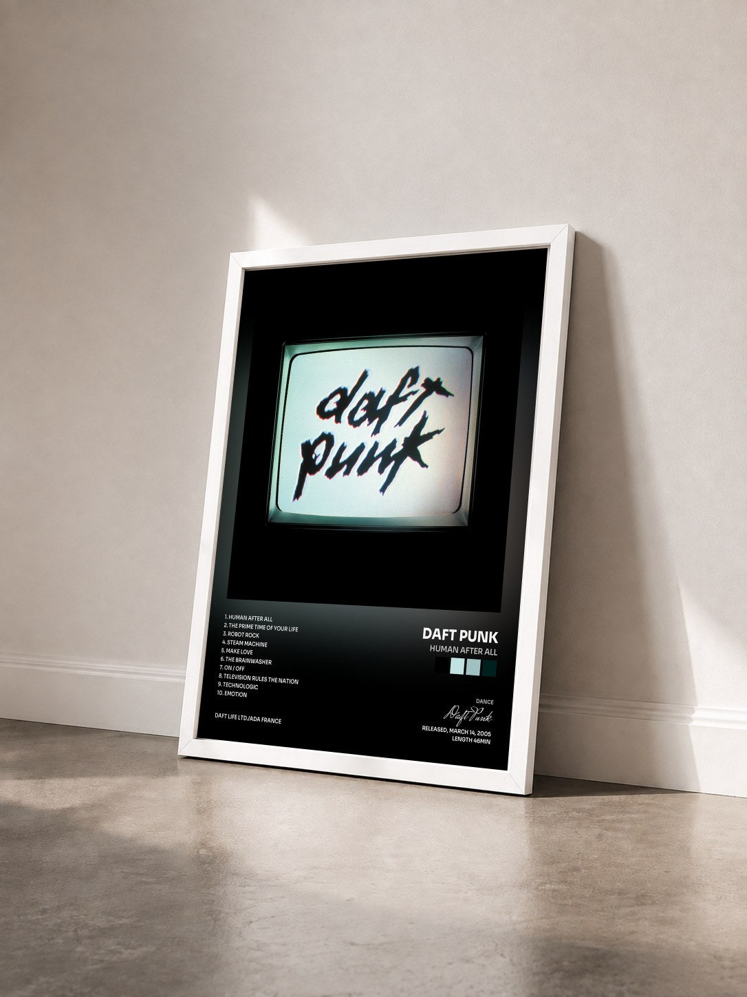 #blanc Tableau de l'album Human After All de Daft Punk vu de trois quarts, cadre blanc