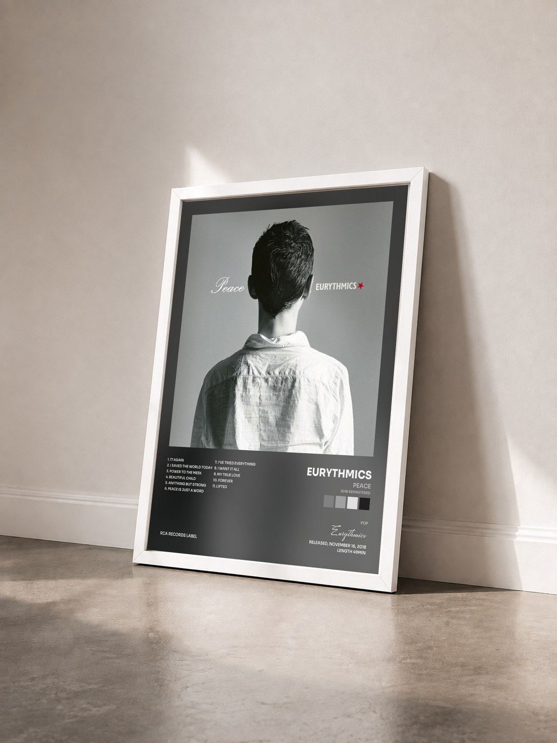 #blanc Tableau de l'album Peace (2018 Remastered) de Eurythmics vu de trois quarts, cadre blanc