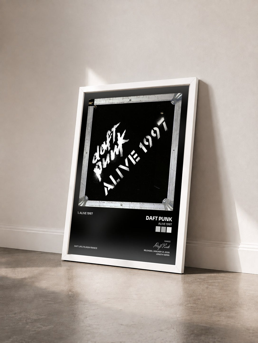 #blanc Tableau de l'album Alive 1997 de Daft Punk vu de trois quarts, cadre blanc