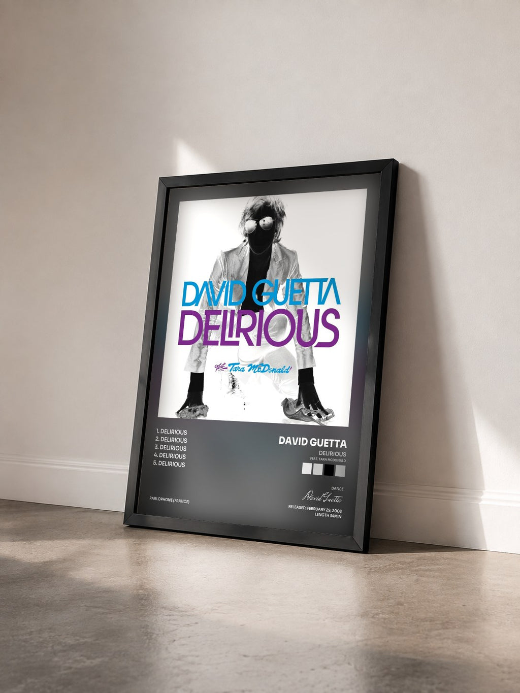 #noir Tableau de l'album Delirious (feat. Tara McDonald) de David Guetta vu de trois quarts, cadre noir