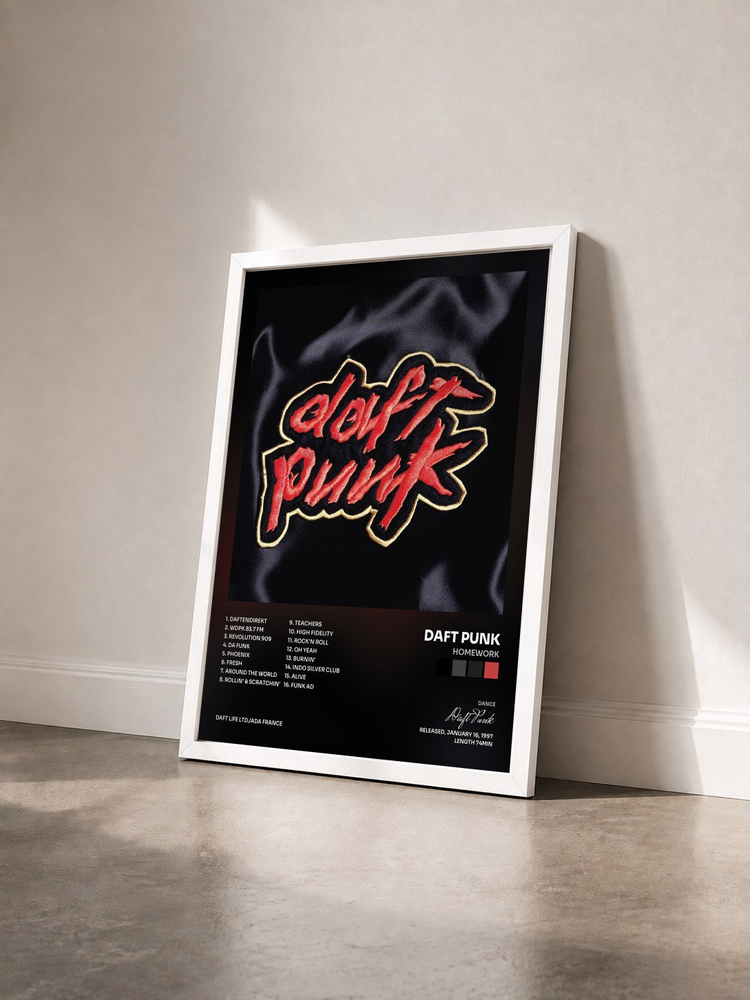 #blanc Homework by Daft Punk as a framed art print seen at an angle, white frame