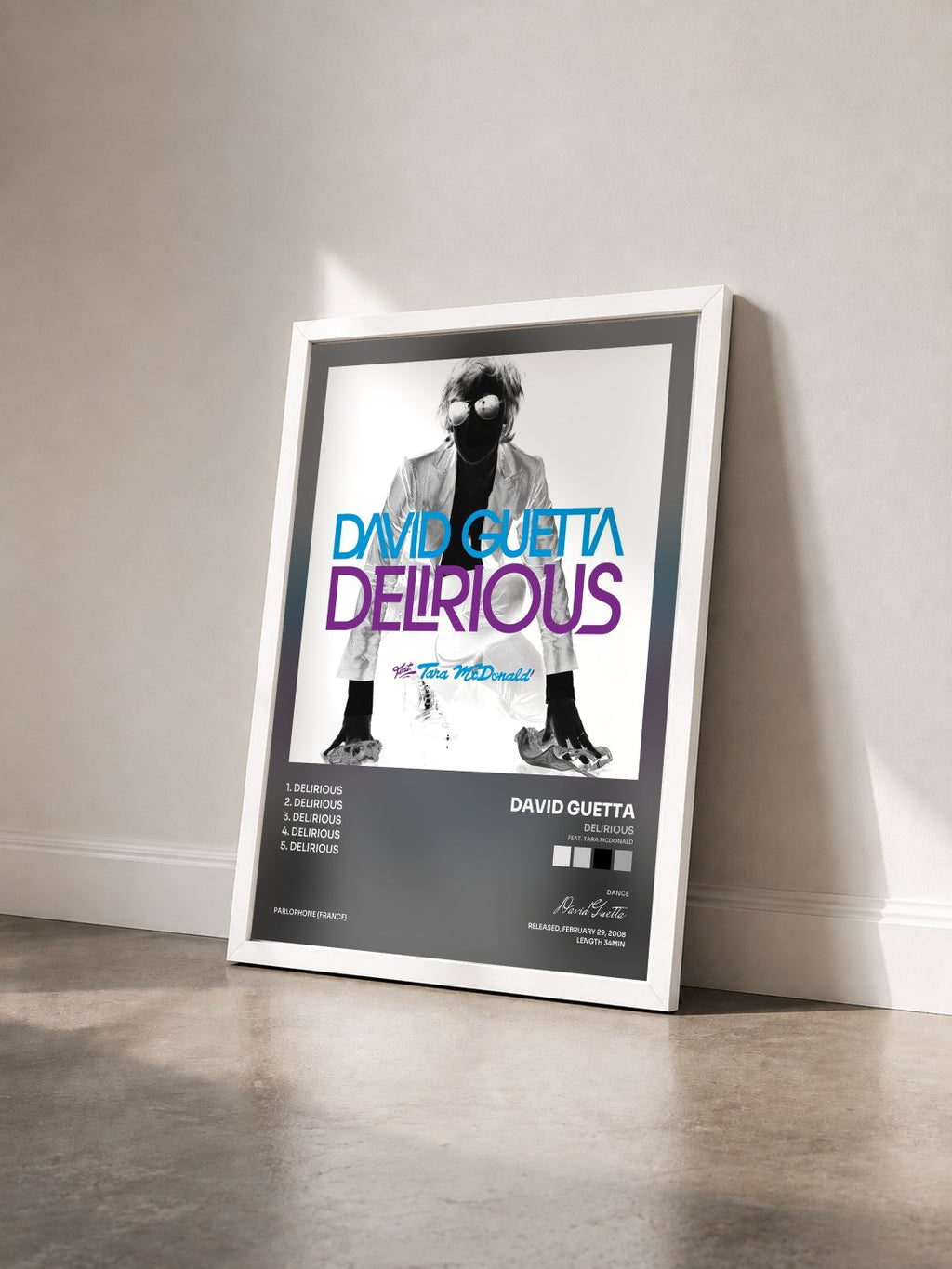 #blanc Tableau de l'album Delirious (feat. Tara McDonald) de David Guetta vu de trois quarts, cadre blanc