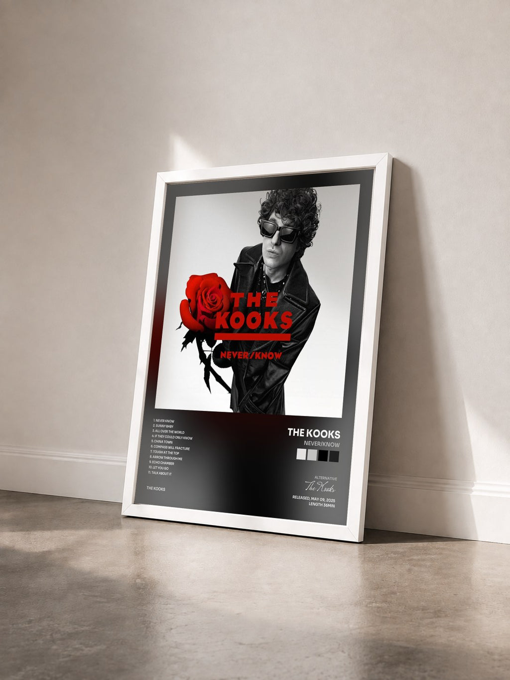 #blanc Tableau de l'album Never/Know de The Kooks vu de trois quarts, cadre blanc