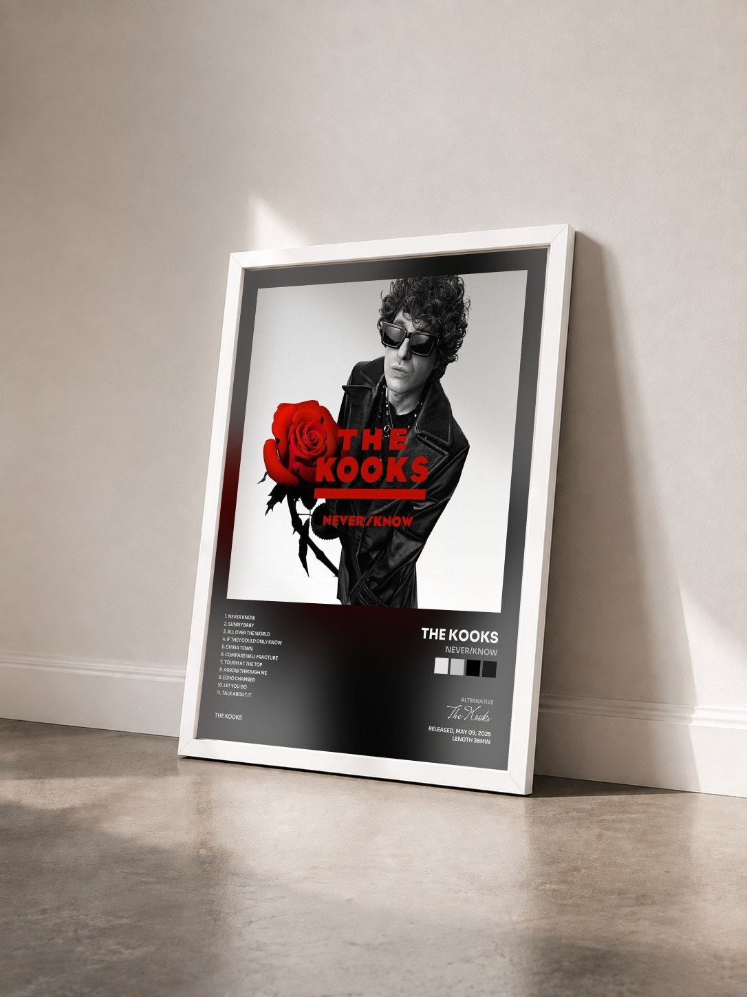#blanc Tableau de l'album Never/Know de The Kooks vu de trois quarts, cadre blanc