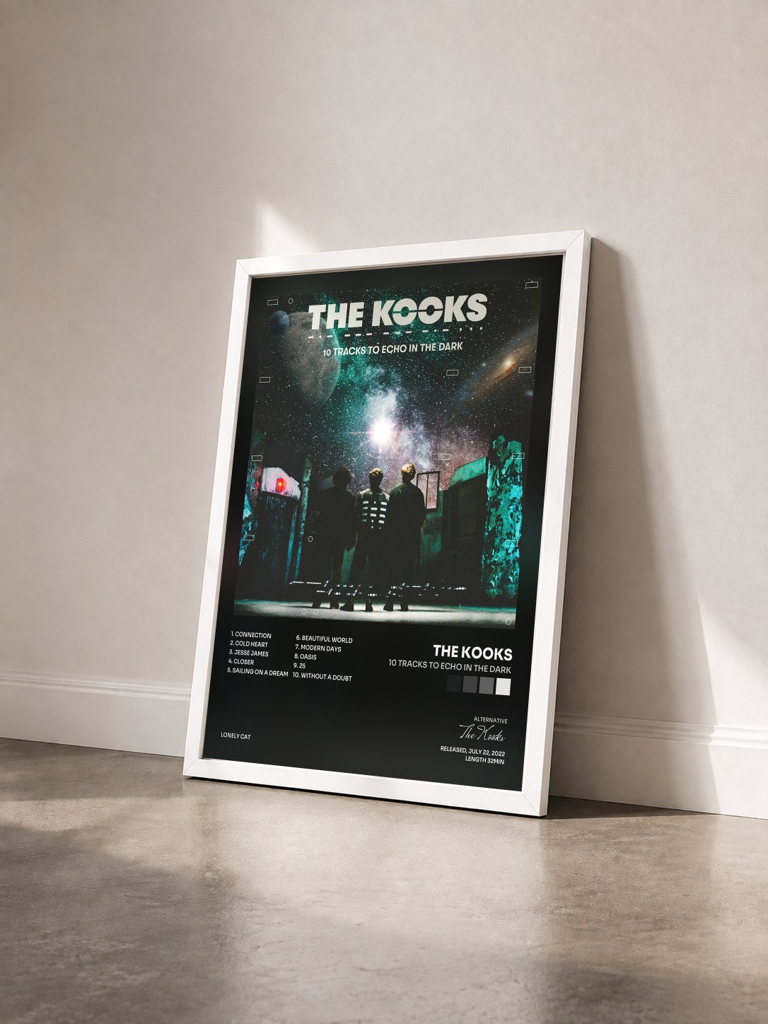 #blanc 10 Tracks to Echo in the Dark de The Kooks en lámina enmarcada vista de tres cuartos, marco blanco