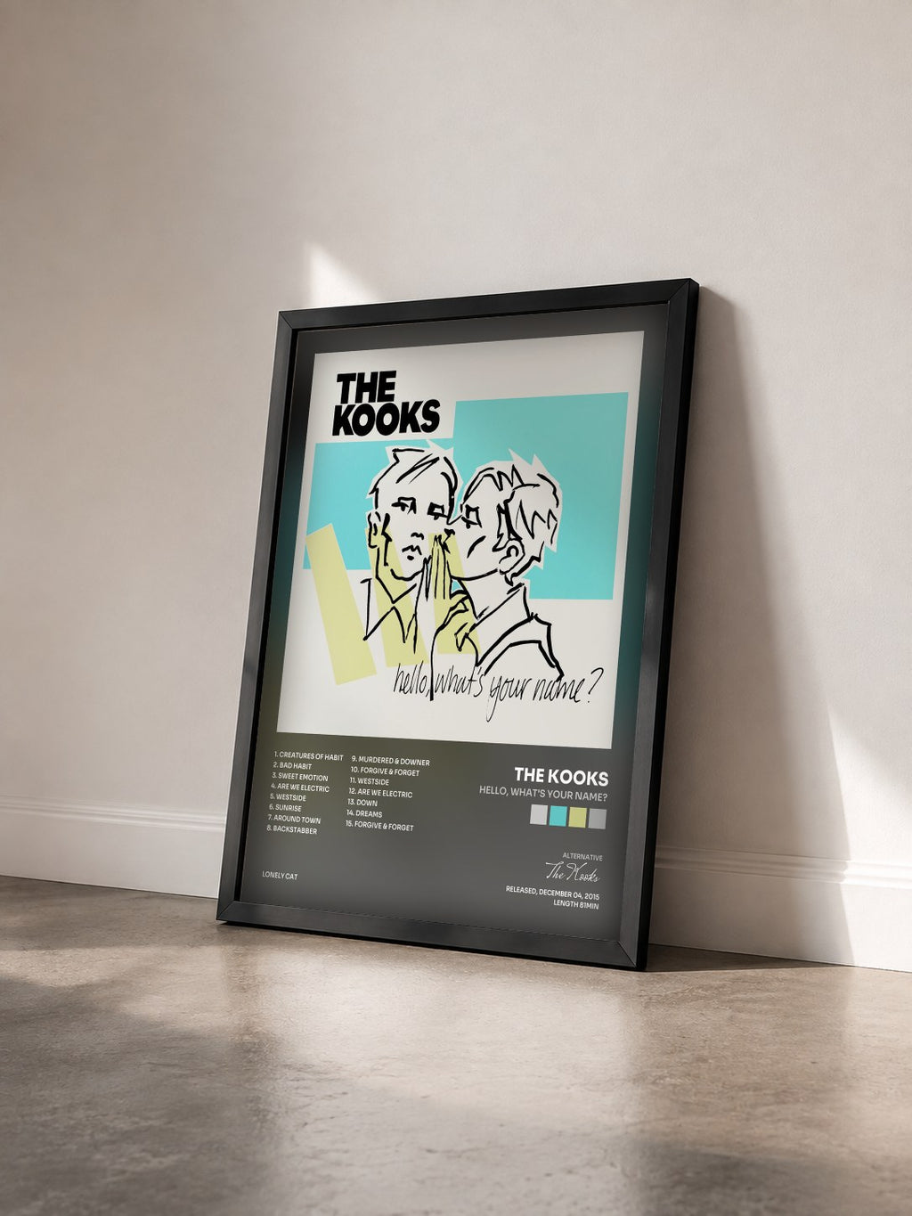 #noir Hello, What's Your Name? di The Kooks in stampa incorniciata vista di tre quarti, cornice nera