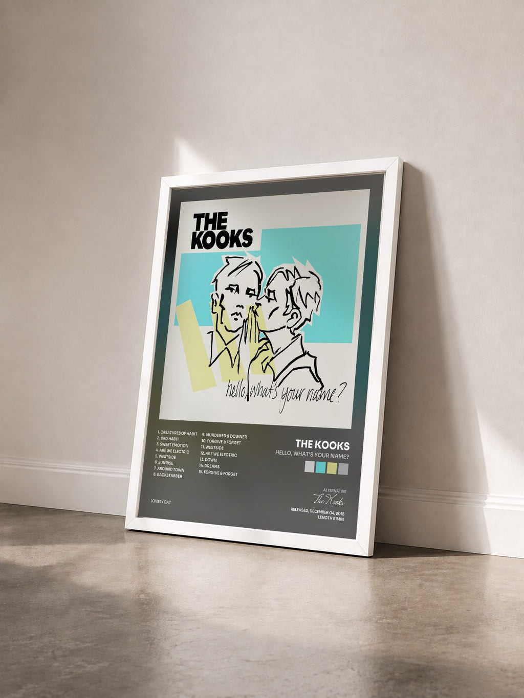 #blanc Hello, What's Your Name? di The Kooks in stampa incorniciata vista di tre quarti, cornice bianca
