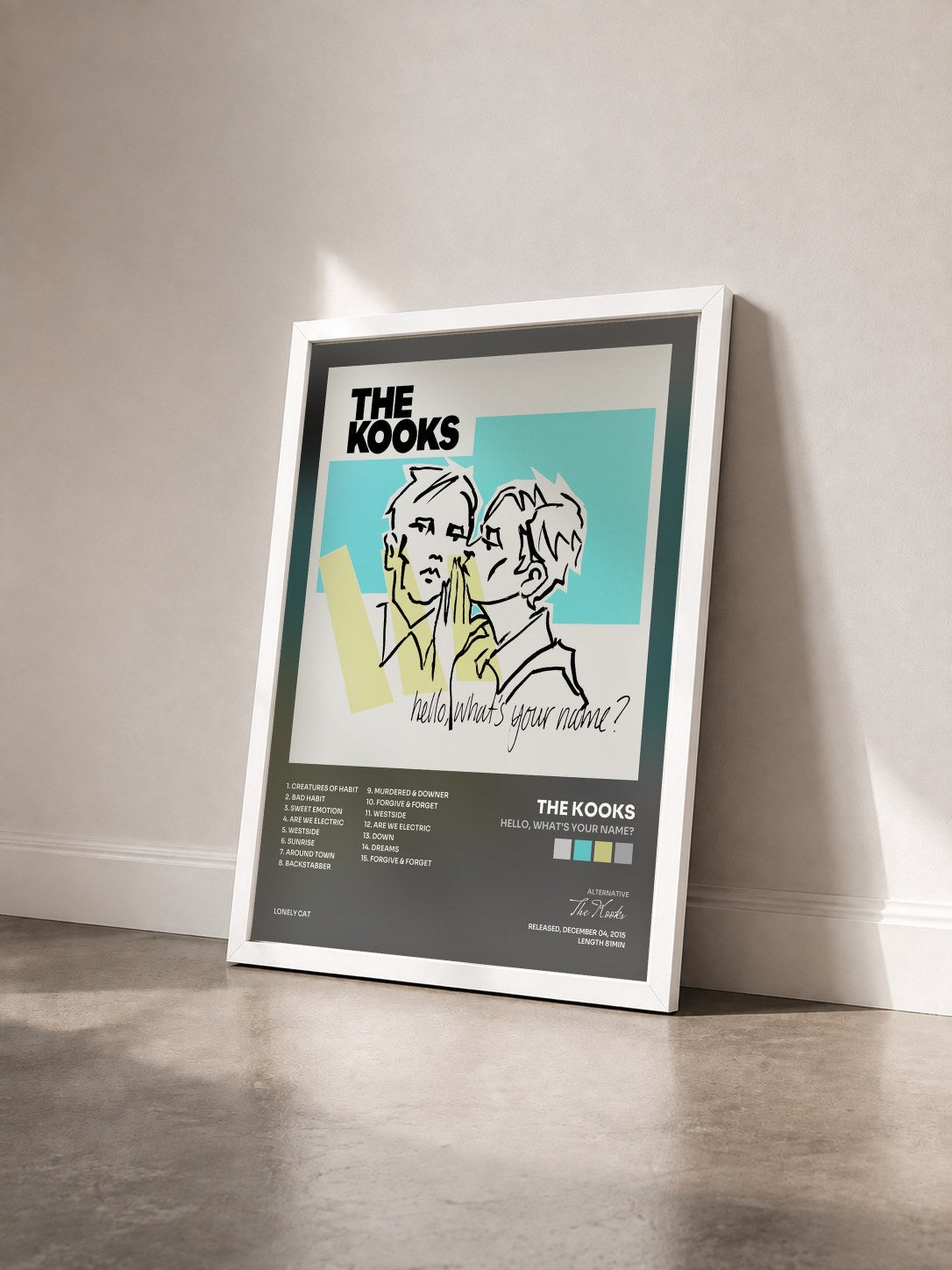 #blanc Hello, What's Your Name? de The Kooks en lámina enmarcada vista de tres cuartos, marco blanco