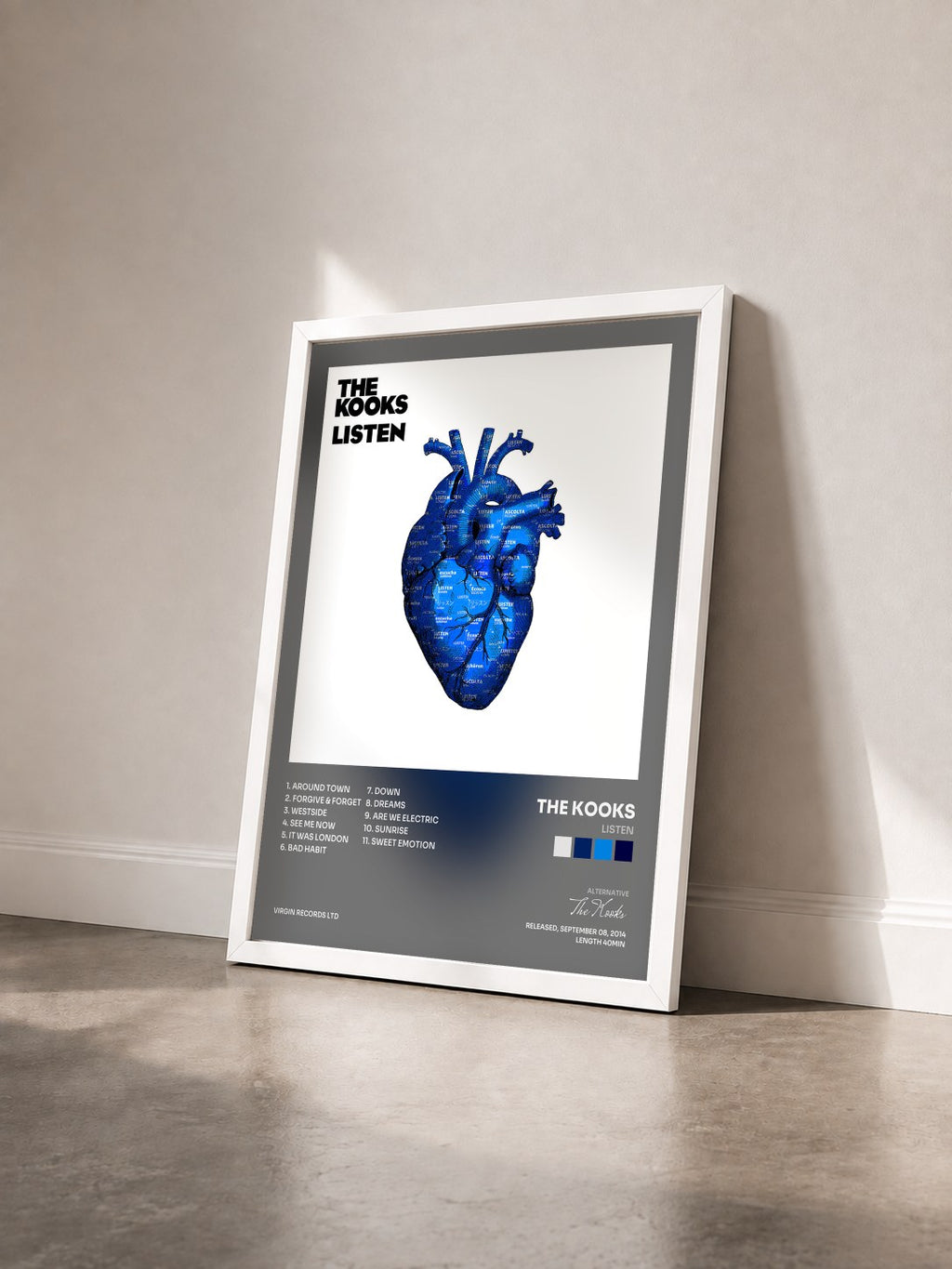#blanc Tableau de l'album Listen de The Kooks vu de trois quarts, cadre blanc