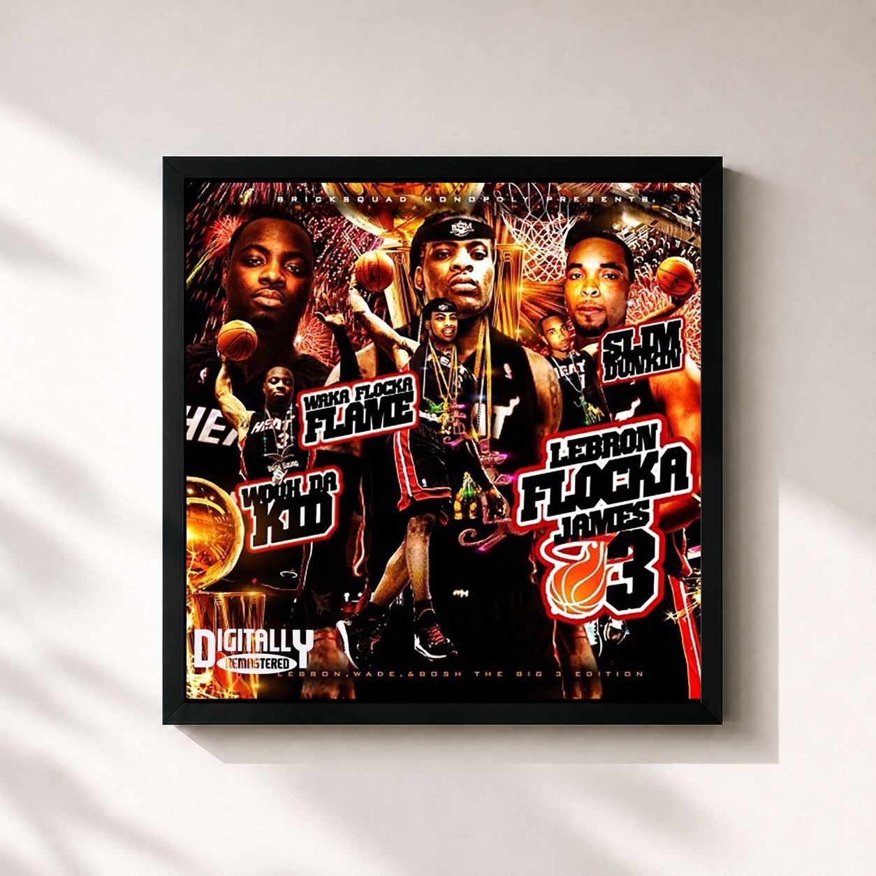 #noir Tableau carré de l'album LeBron Flocka James 3 de Waka Flocka Flame, cadre noir 32x32 cm