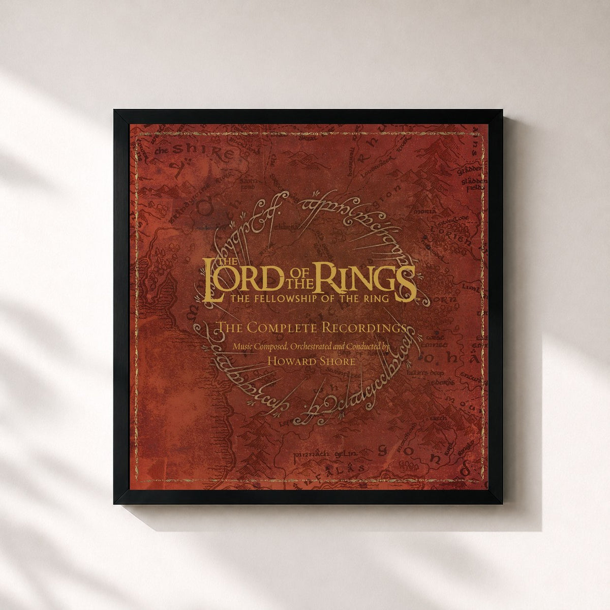 #noir Tableau carré de l'album The Lord of the Rings: The Fellowship of the Ring - the Complete Recordings de Howard Shore, cadre noir 32x32 cm