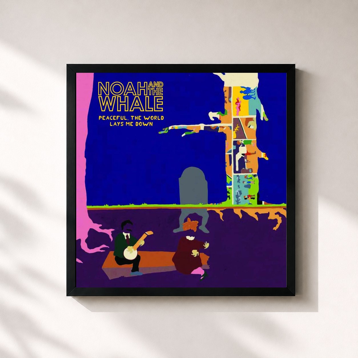 #noir Tableau carré de l'album Peaceful, The World Lays Me Down de Noah And The Whale, cadre noir 32x32 cm