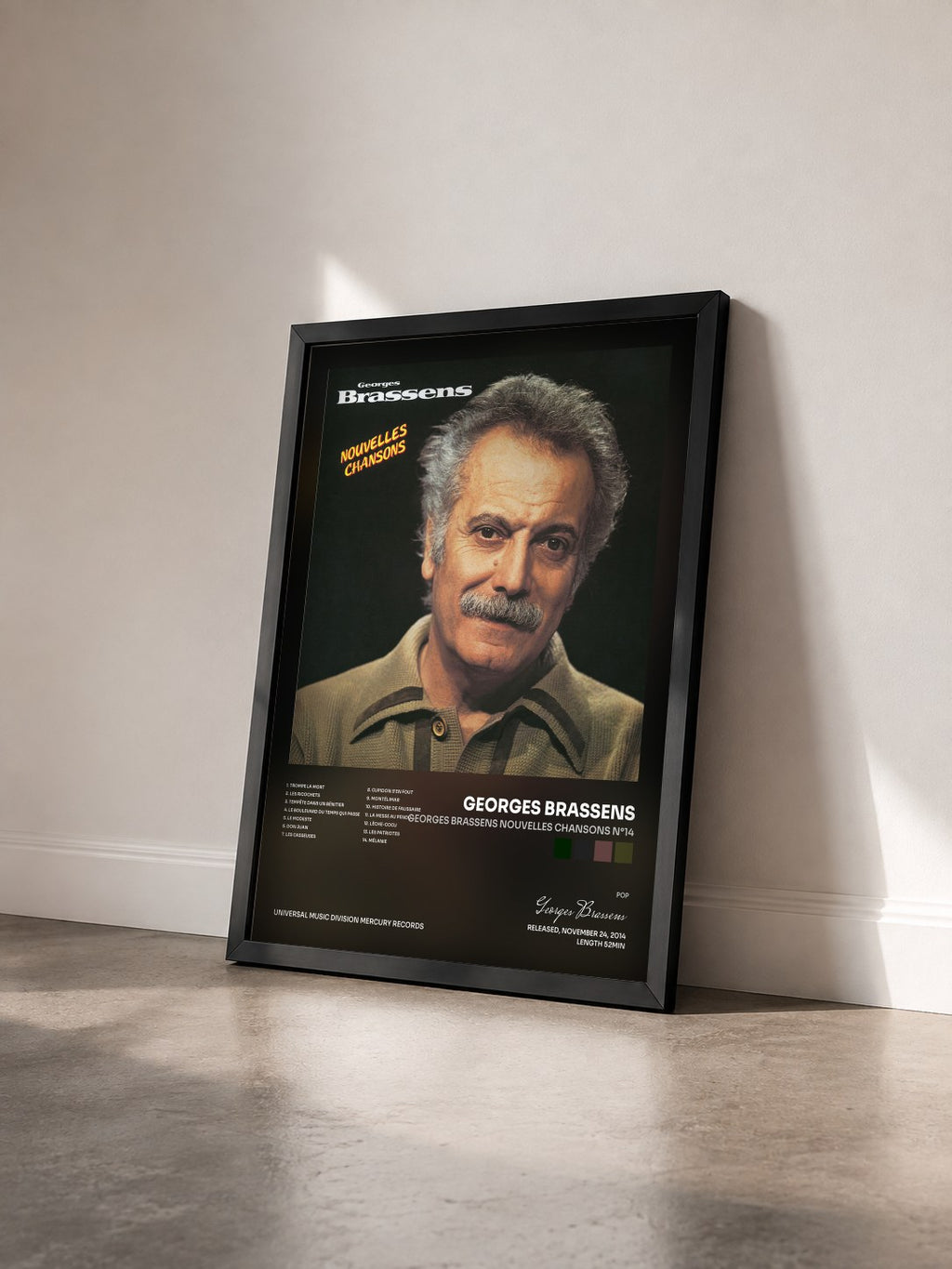 #noir Tableau de l'album Georges Brassens nouvelles chansons N°14 de Georges Brassens vu de trois quarts, cadre noir
