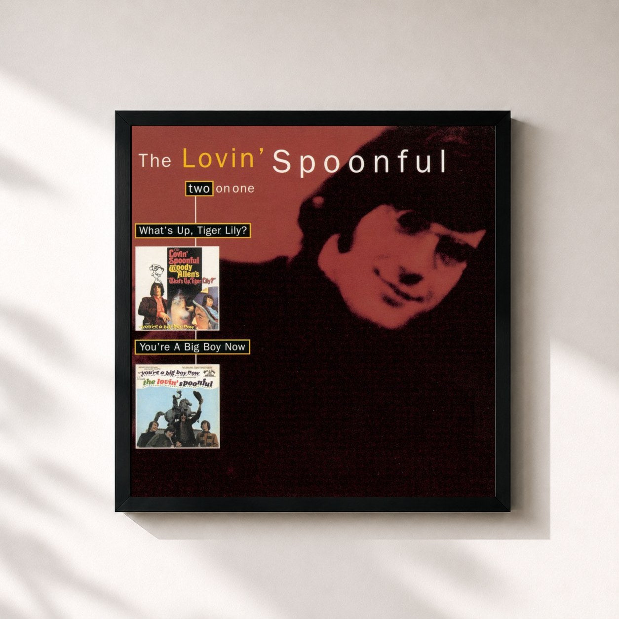 #noir Tableau carré de l'album What's Up Tiger Lily/You're A Big Boy Now de The Lovin' Spoonful, cadre noir 32x32 cm