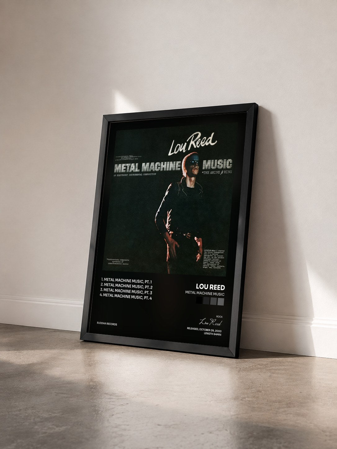 #noir Tableau de l'album Metal Machine Music de Lou Reed vu de trois quarts, cadre noir
