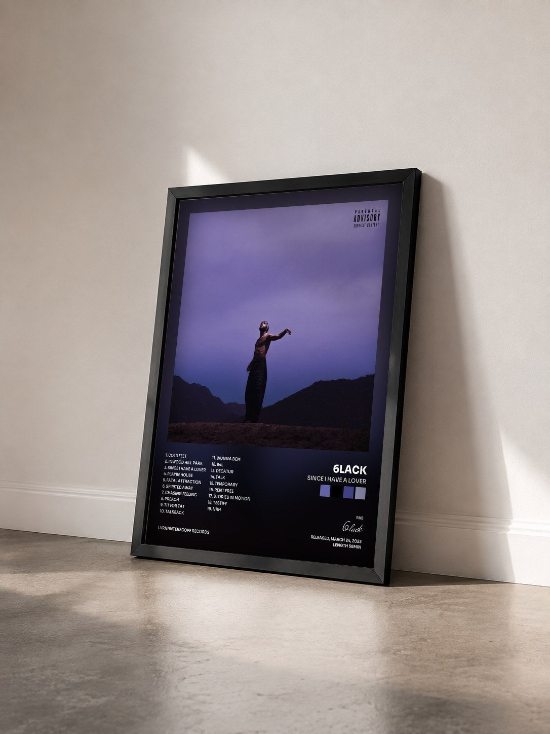 #noir Since I Have A Lover by 6lack as a framed art print seen at an angle, black frame
