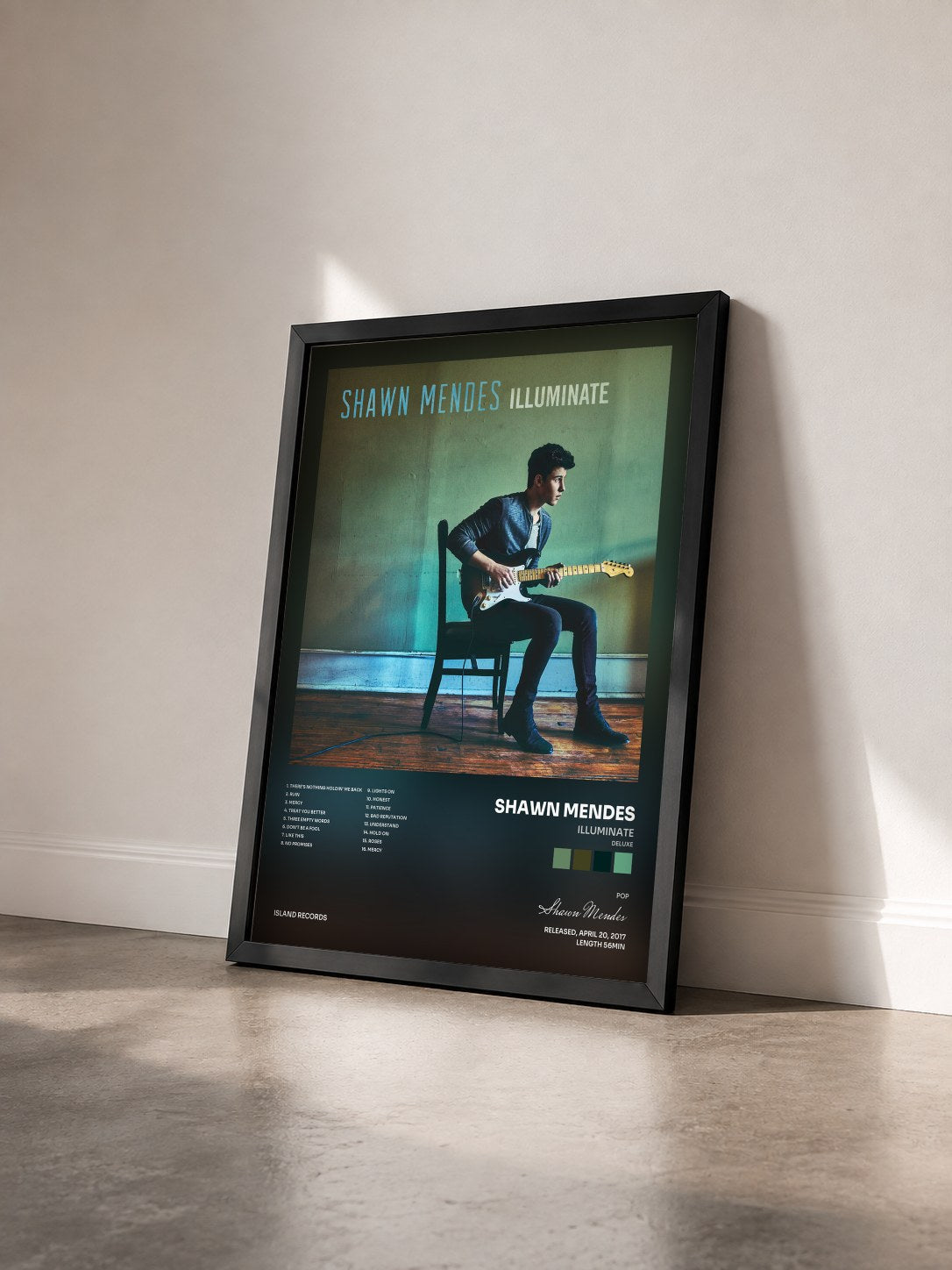 #noir Illuminate (Deluxe) by Shawn Mendes as a framed art print seen at an angle, black frame