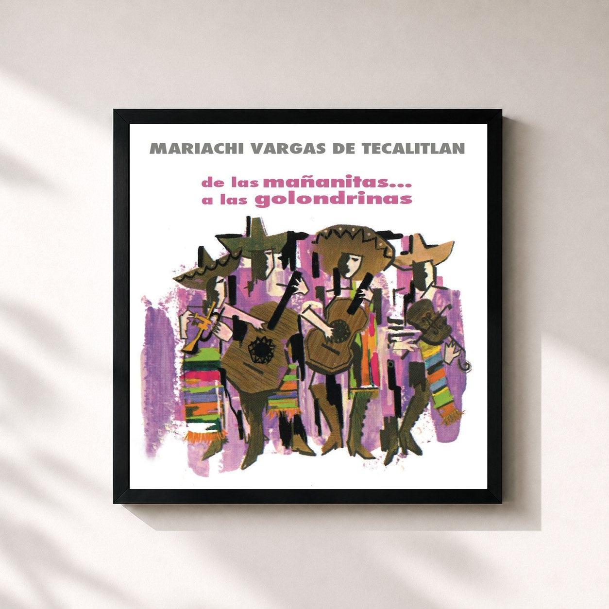 #noir Tableau carré de l'album De las Mañanitas.. a las Golondrinas de Mariachi Vargas De Tecalitlan, cadre noir 32x32 cm