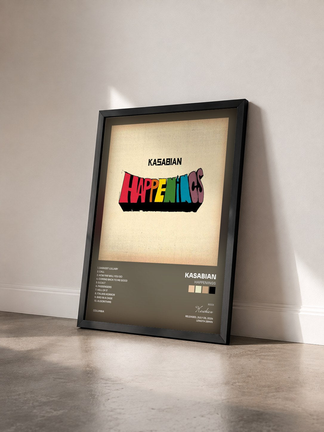 #noir Tableau de l'album Happenings de Kasabian vu de trois quarts, cadre noir