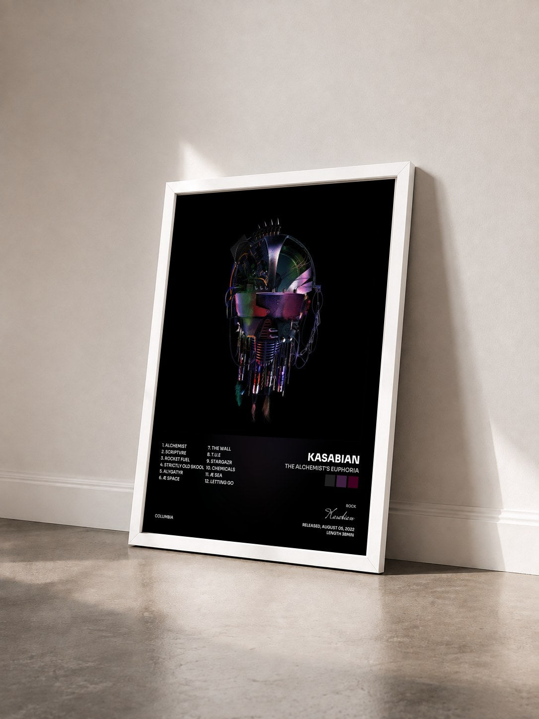 #blanc Tableau de l'album The Alchemist's Euphoria de Kasabian vu de trois quarts, cadre blanc