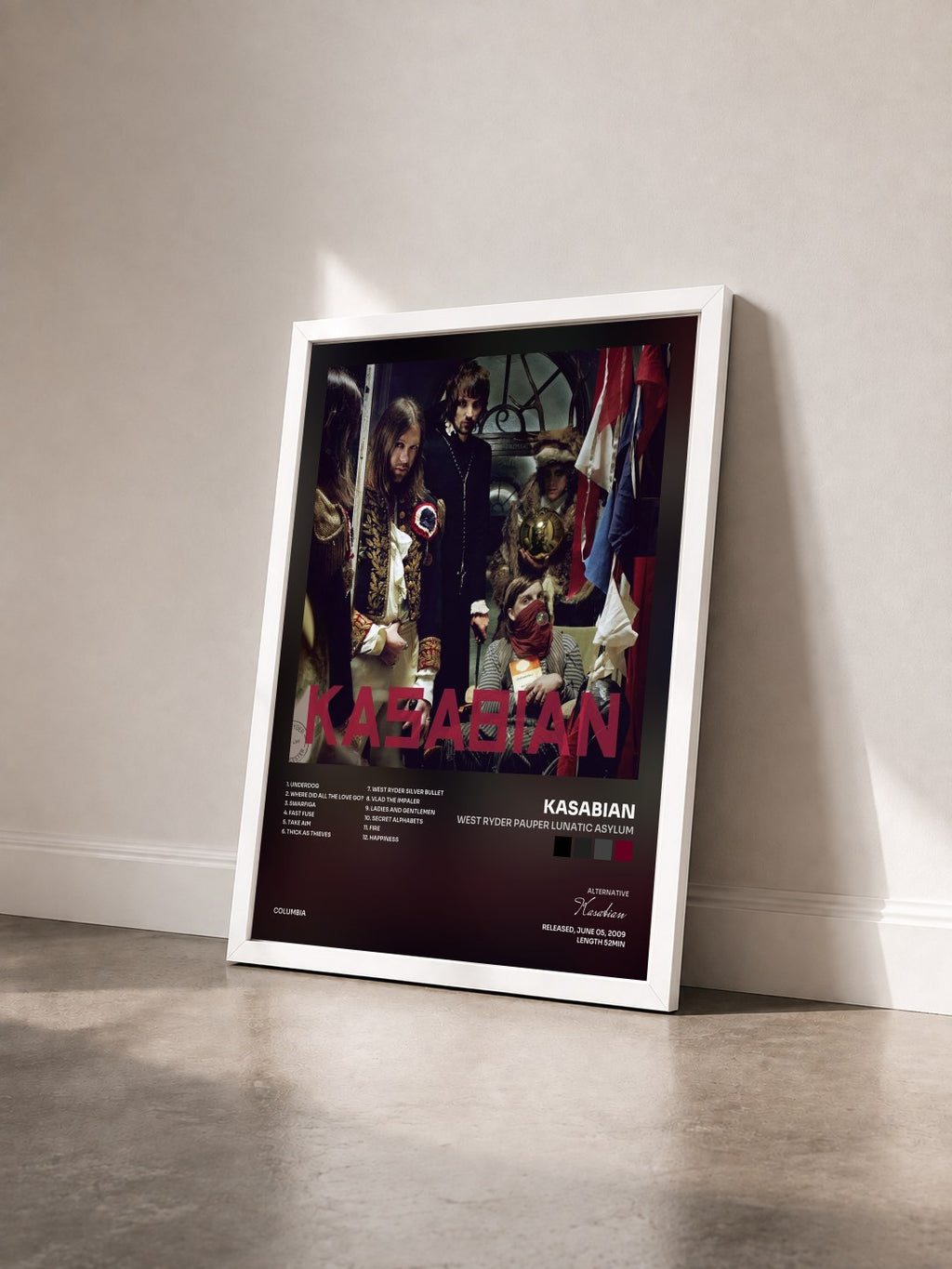 #blanc Tableau de l'album West Ryder Pauper Lunatic Asylum de Kasabian vu de trois quarts, cadre blanc