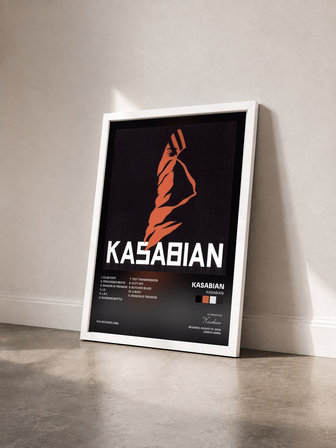 #blanc Tableau de l'album Kasabian de Kasabian vu de trois quarts, cadre blanc