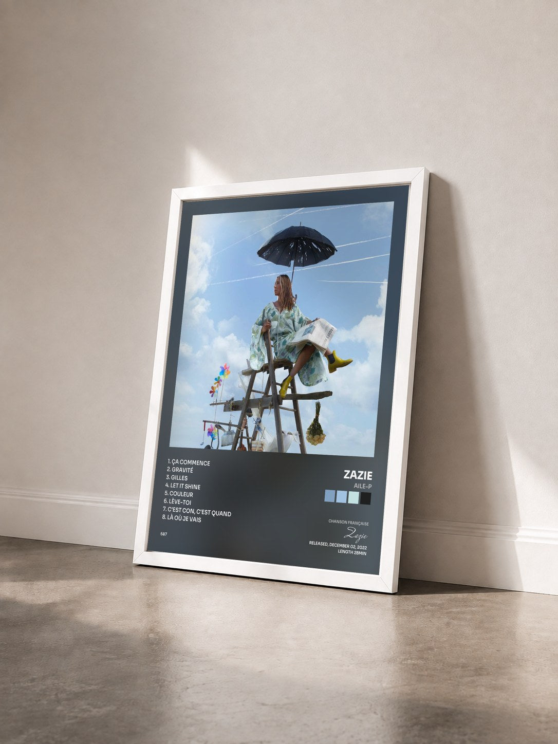 #blanc Tableau de l'album AILE-P de Zazie vu de trois quarts, cadre blanc