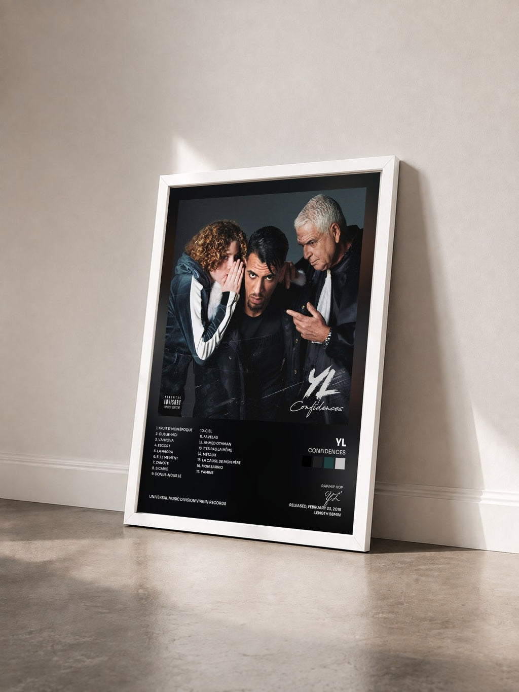 #blanc Confidences by YL as a framed art print seen at an angle, white frame