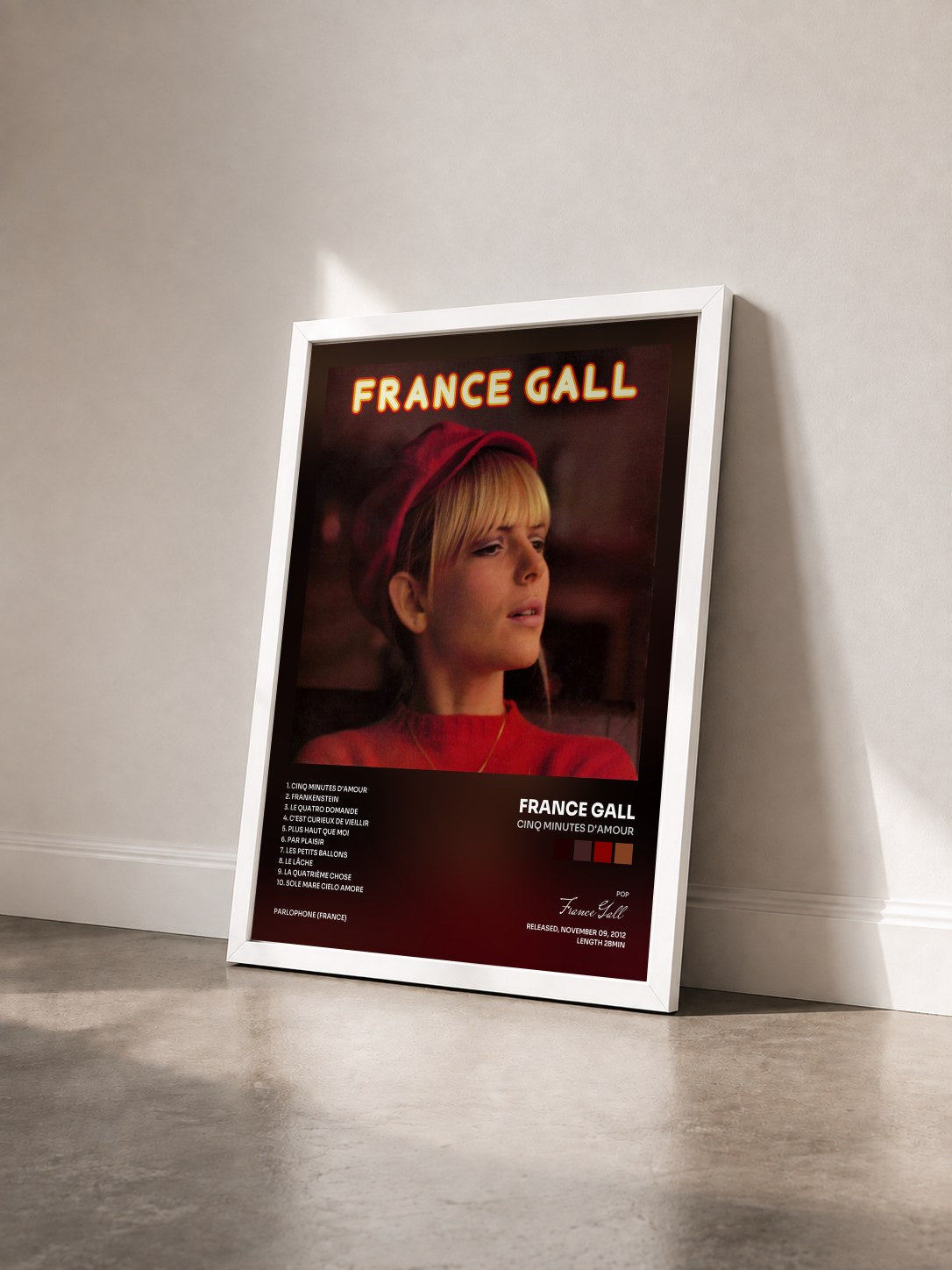#blanc Cinq minutes d'amour de France Gall en lámina enmarcada vista de tres cuartos, marco blanco