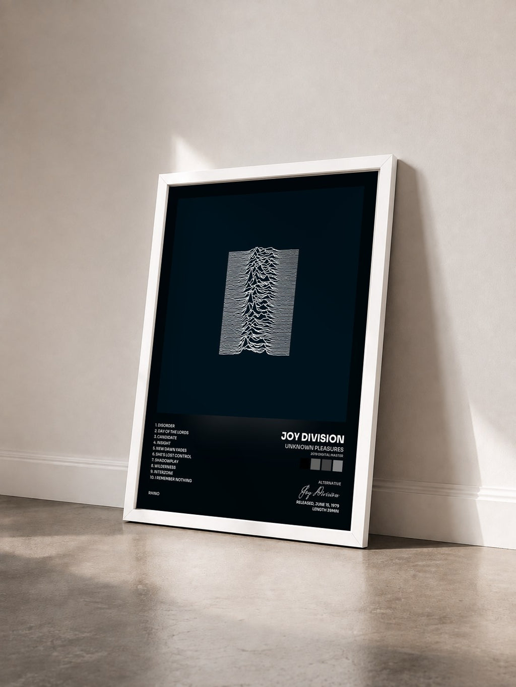 #blanc Tableau de l'album Unknown Pleasures (2019 Digital Master) de Joy Division vu de trois quarts, cadre blanc
