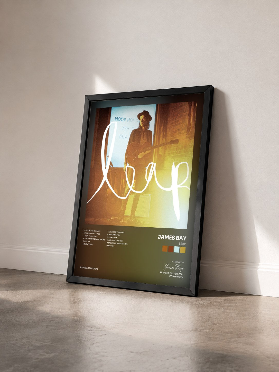 #noir Tableau de l'album Leap de James Bay vu de trois quarts, cadre noir