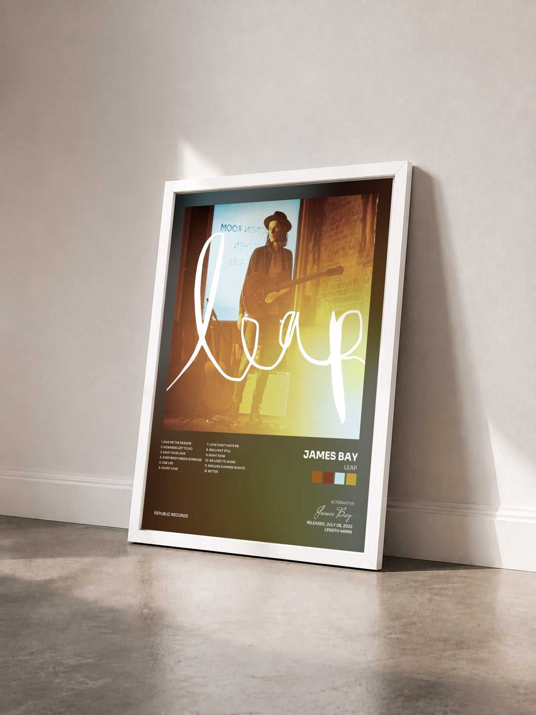 #blanc Tableau de l'album Leap de James Bay vu de trois quarts, cadre blanc