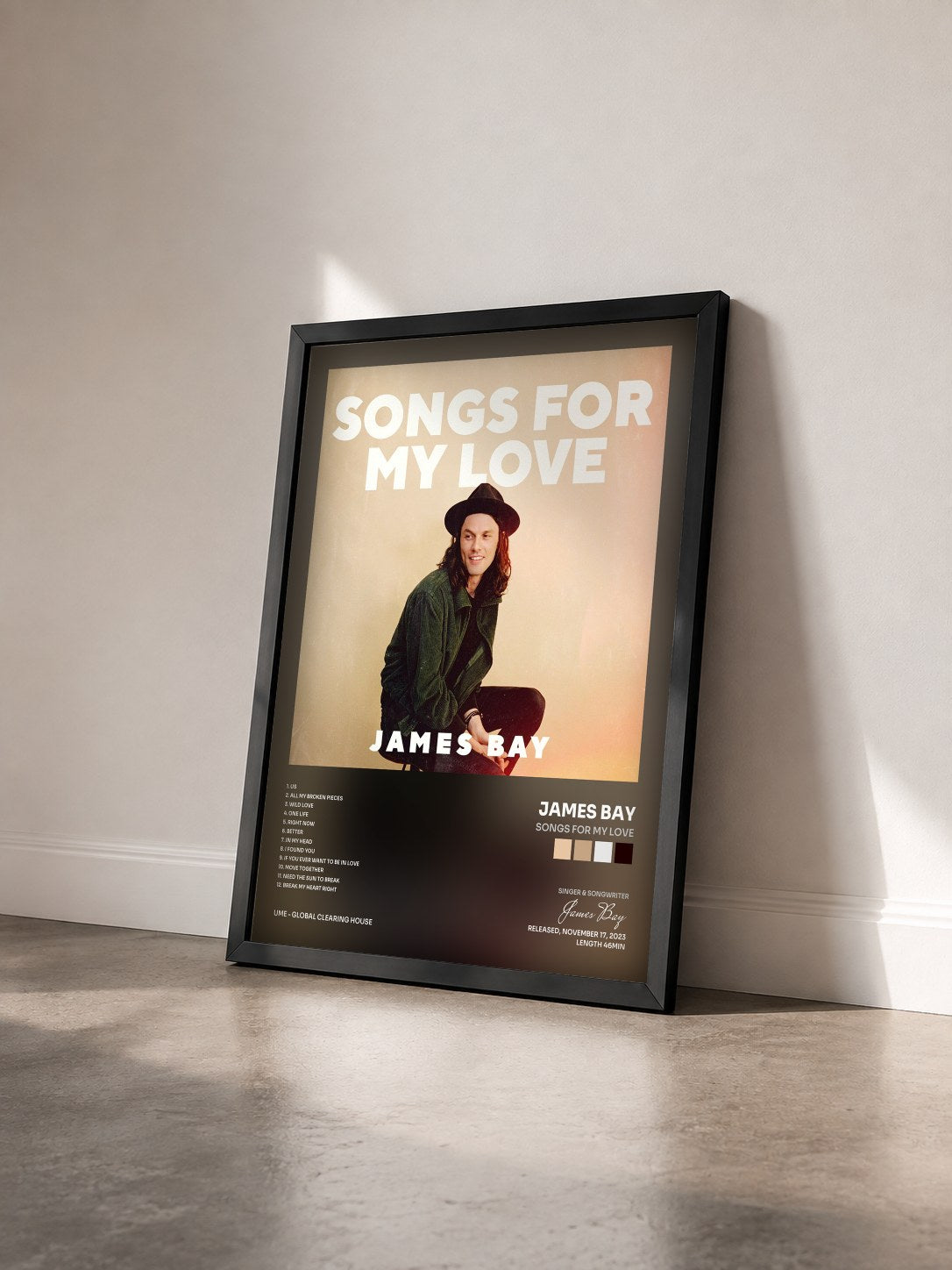#noir Tableau de l'album Songs for my Love de James Bay vu de trois quarts, cadre noir