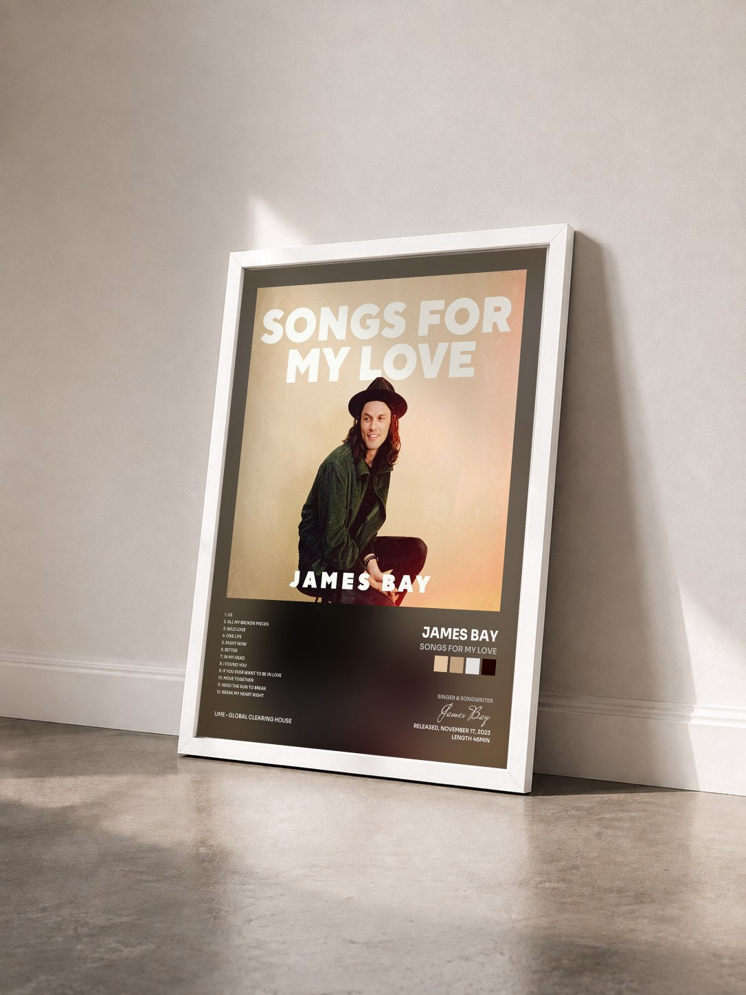 #blanc Tableau de l'album Songs for my Love de James Bay vu de trois quarts, cadre blanc