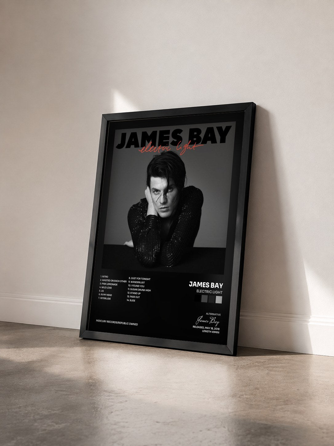 #noir Tableau de l'album Electric Light de James Bay vu de trois quarts, cadre noir