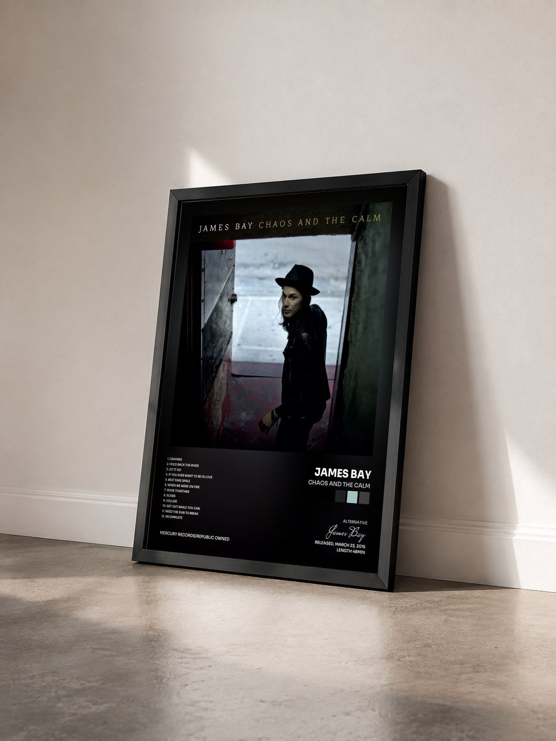 #noir Tableau de l'album Chaos And The Calm de James Bay vu de trois quarts, cadre noir