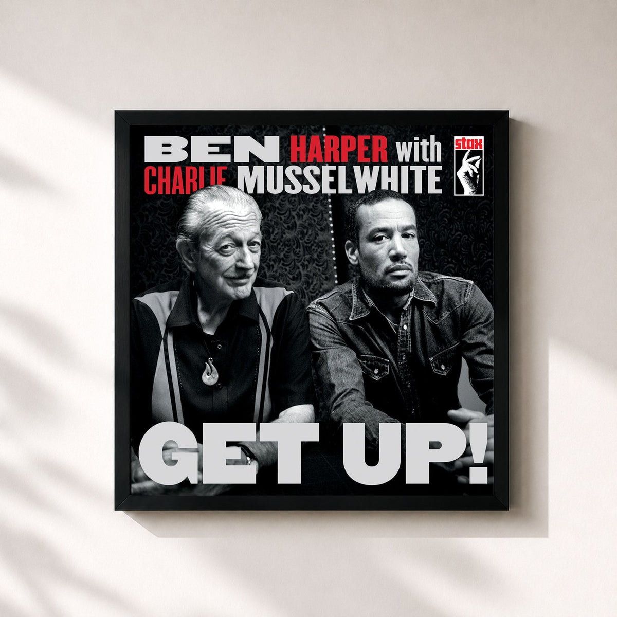 #noir Get Up! de Ben Harper en lámina cuadrada enmarcada, marco negro de 32x32 cm