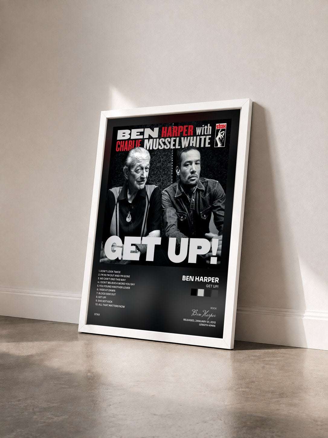 #blanc Get Up! de Ben Harper en lámina enmarcada vista de tres cuartos, marco blanco