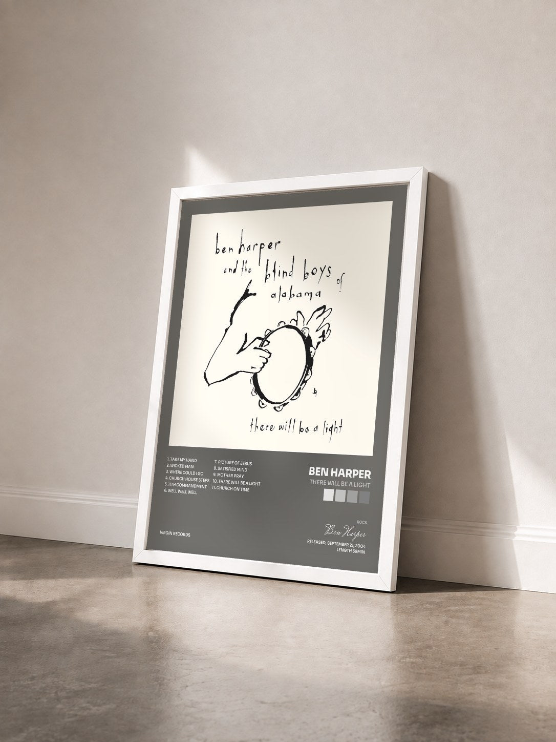 #blanc There Will Be A Light de Ben Harper en lámina enmarcada vista de tres cuartos, marco blanco