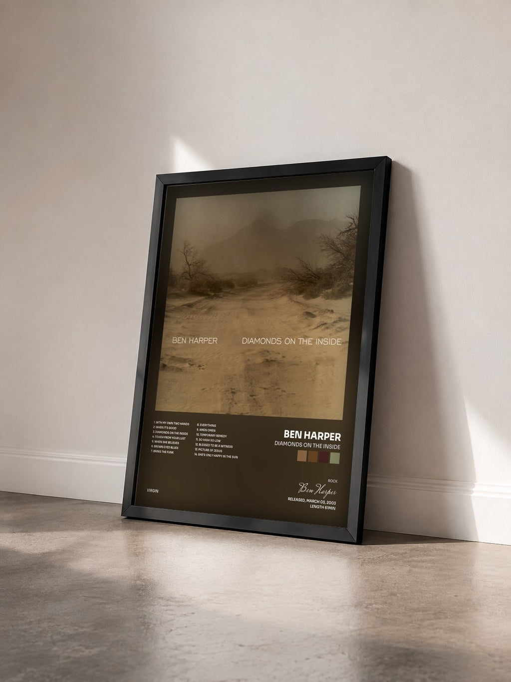 #noir Tableau de l'album Diamonds On The Inside de Ben Harper vu de trois quarts, cadre noir