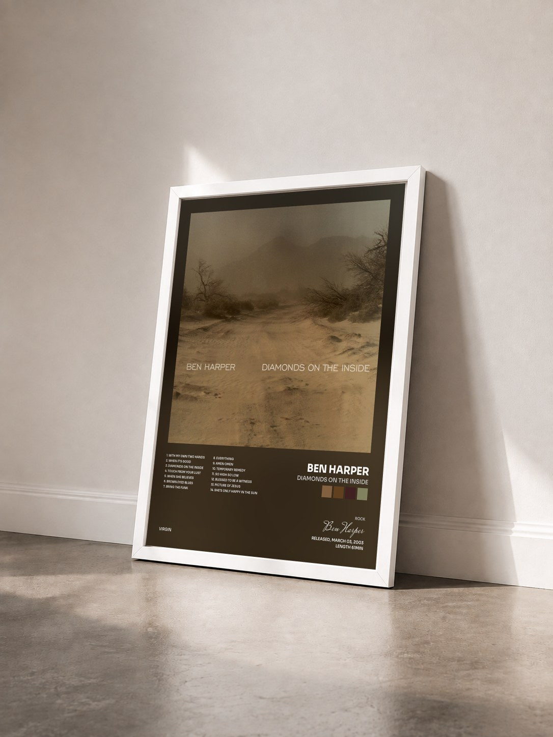 #blanc Tableau de l'album Diamonds On The Inside de Ben Harper vu de trois quarts, cadre blanc