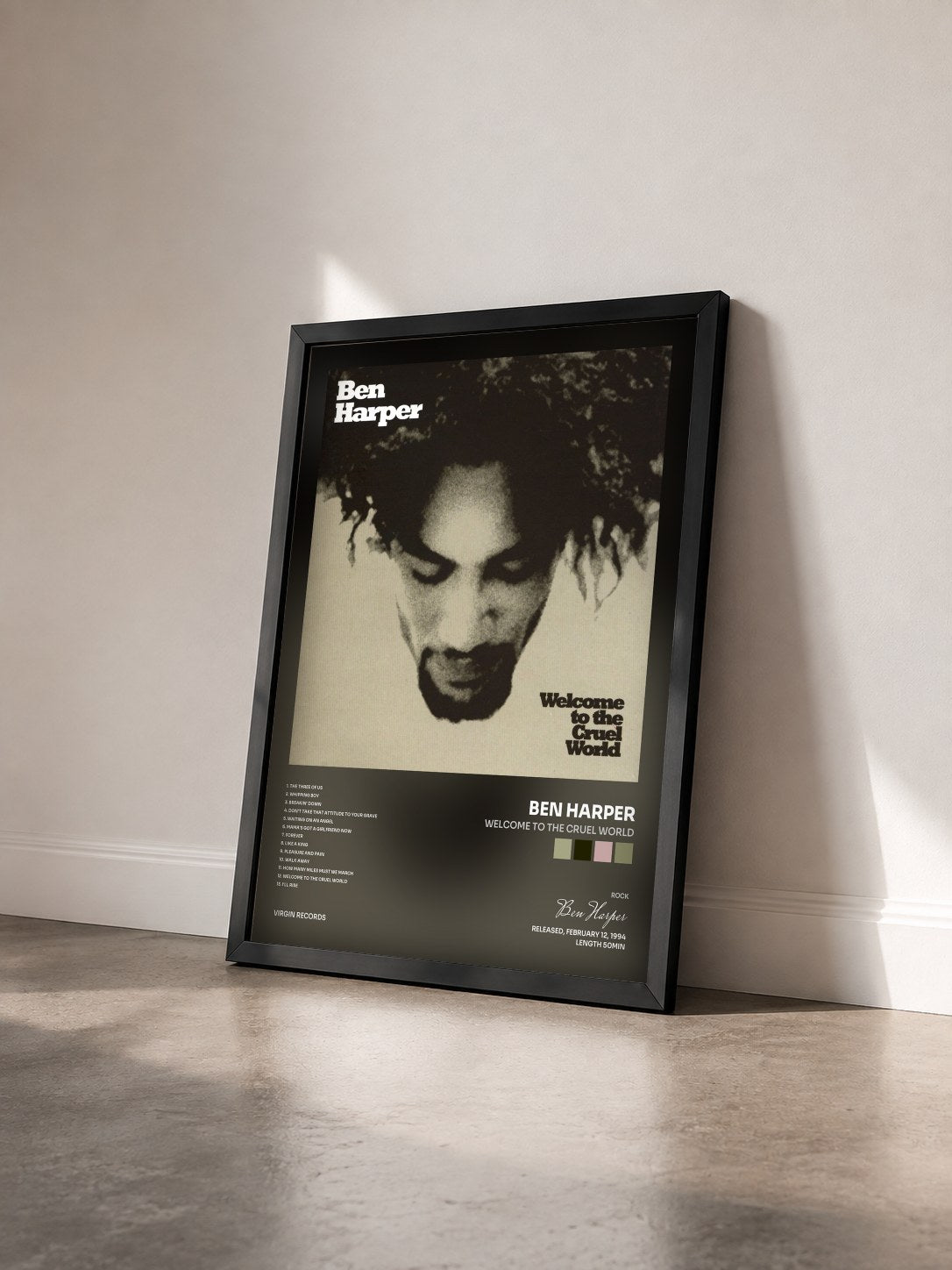 #noir Welcome To The Cruel World de Ben Harper en lámina enmarcada vista de tres cuartos, marco negro