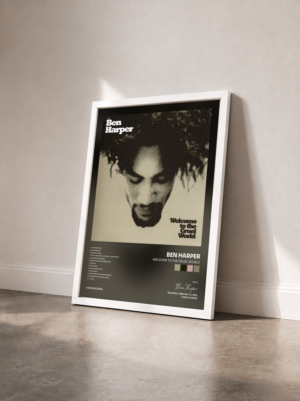 #blanc Welcome To The Cruel World di Ben Harper in stampa incorniciata vista di tre quarti, cornice bianca